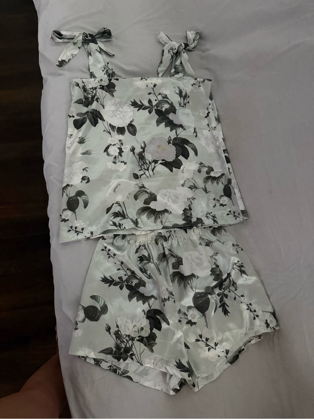 Floral Satin Tie-Shoulder Cami & Shorts Pajama Set - Mint Green